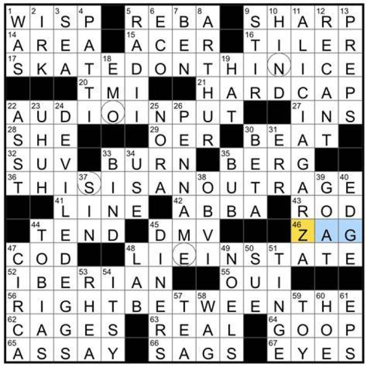 With 67-Across, in a sudden and completely apparent way … or a punny description of this puzzle’s circled letters Crossword Clue